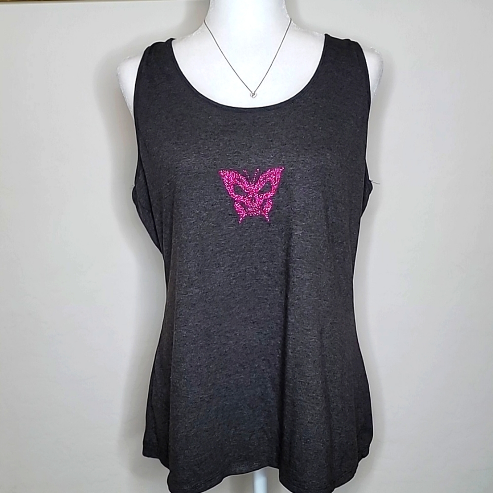 Woman's Pink Glitter Skull Butterfly Gray Racerback Tank Top